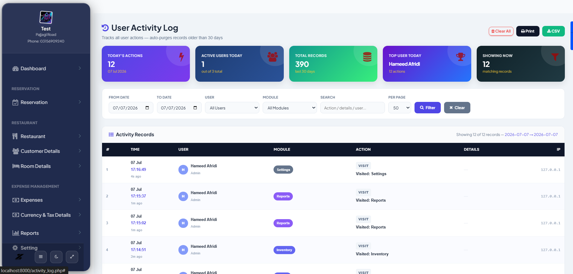 User Activity Log