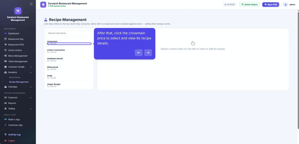 Recipe Management screen listing menu items to link with raw stock