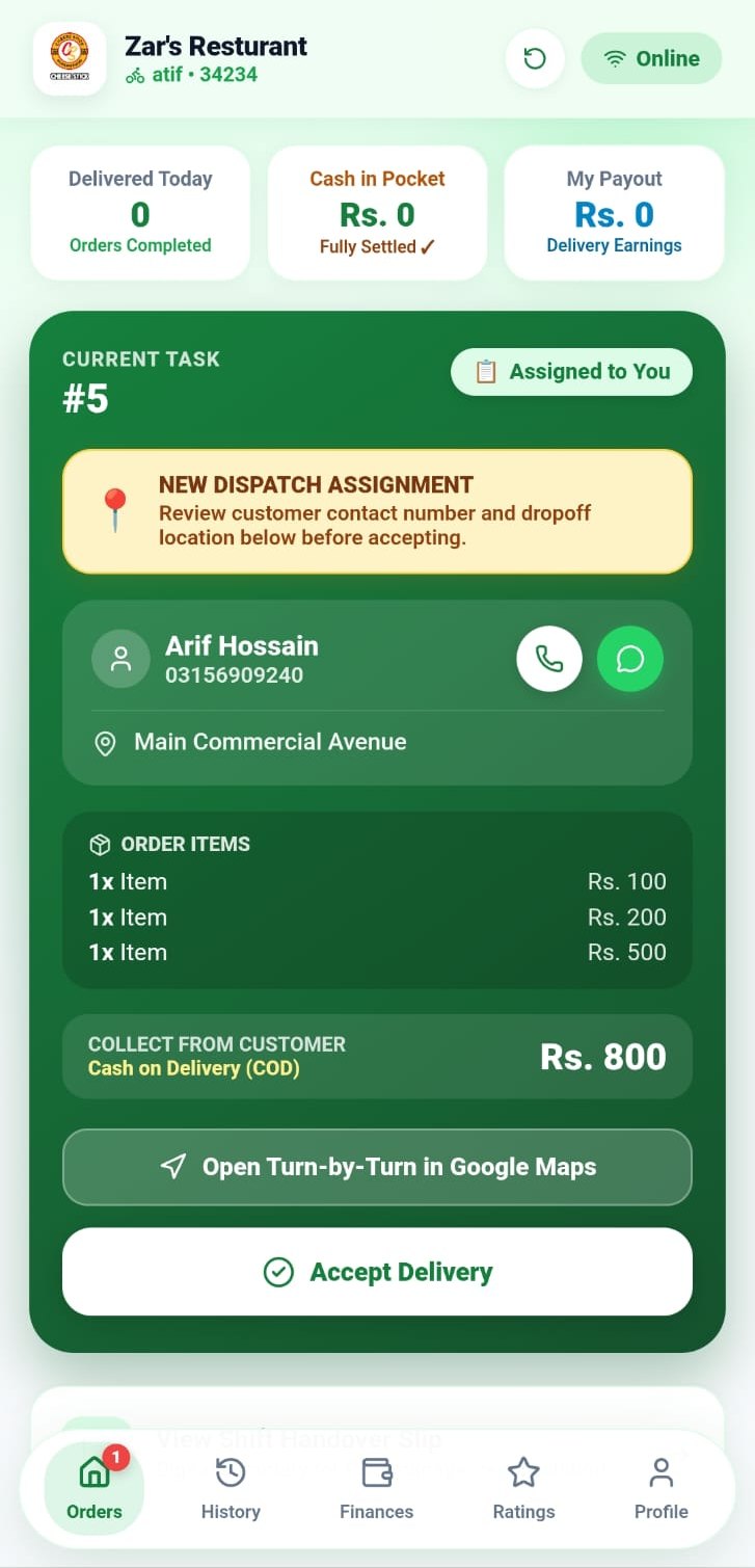 Rider App new dispatch assignment with customer details, drop-off location, items and an Accept Delivery button