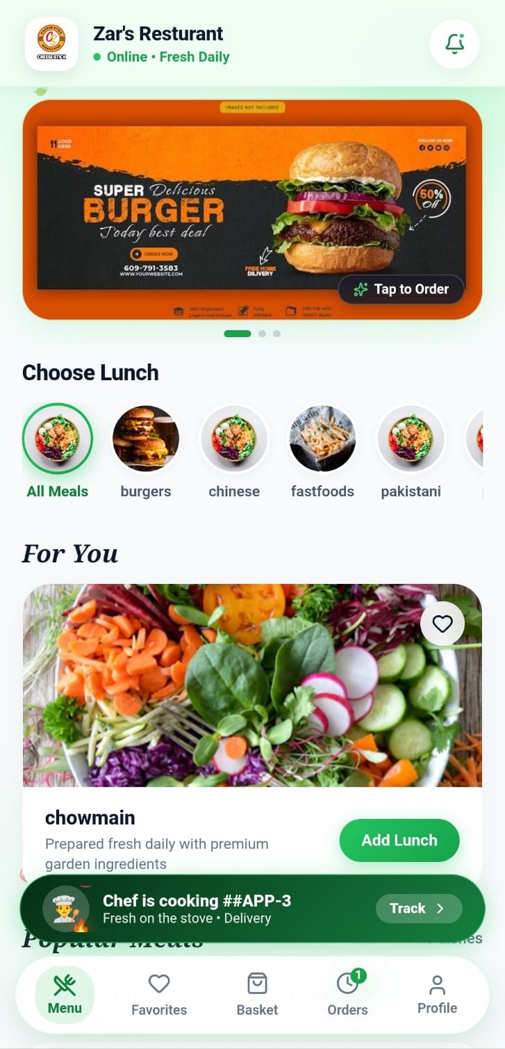 Customer App menu with category filters and a featured dish