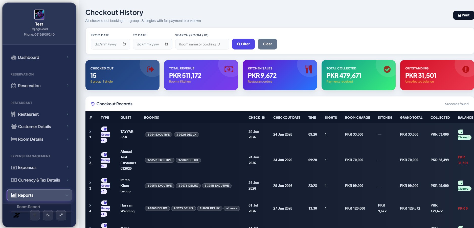 Checkout History screen with revenue, kitchen sales, collected and outstanding totals and a table of checkout records