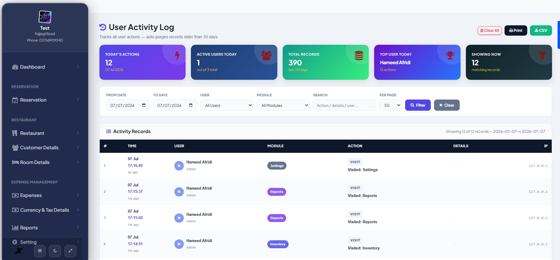 User Activity Log screen with daily action totals, filters and a table of user activity records