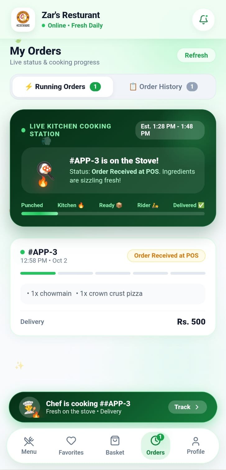 Customer App My Orders screen with live cooking status and a delivery progress tracker