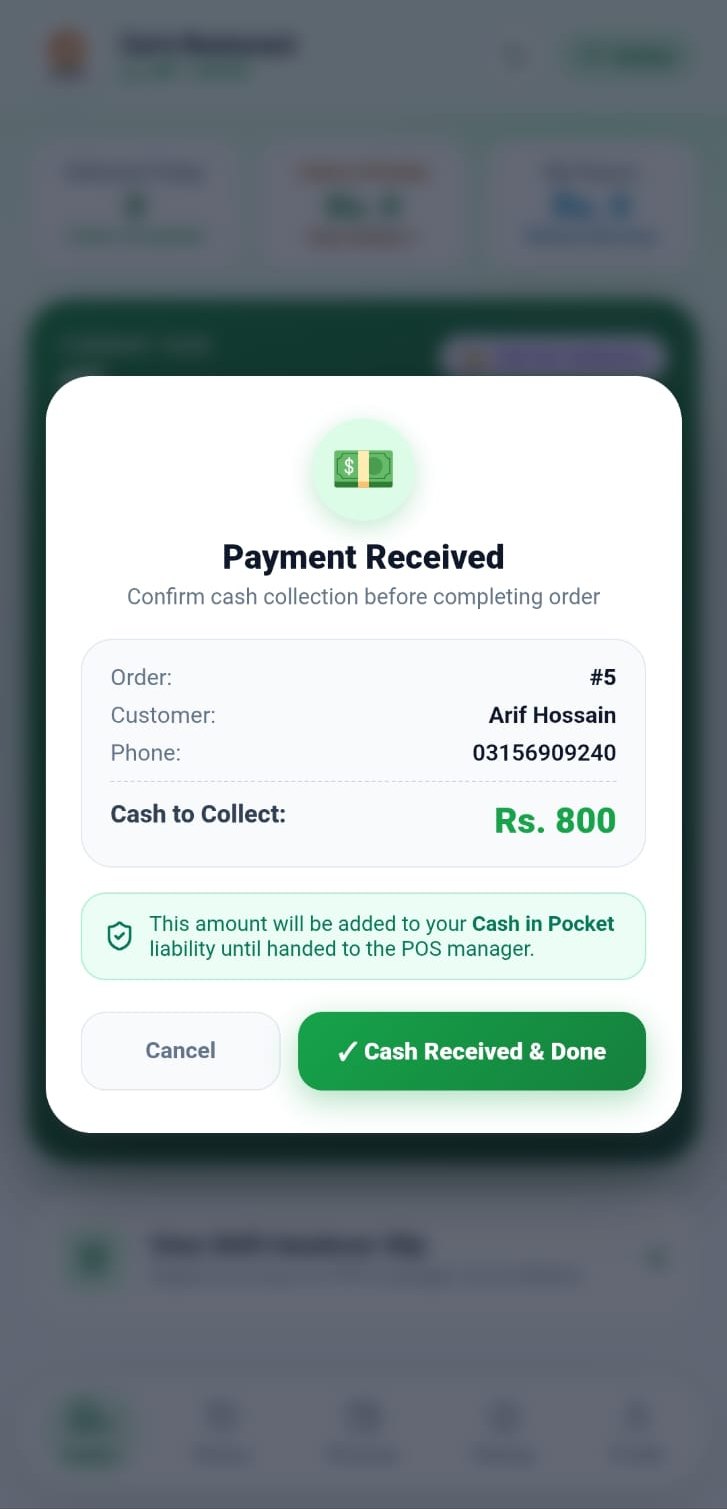 Rider App payment confirmation for cash on delivery, added to the rider's Cash in Pocket