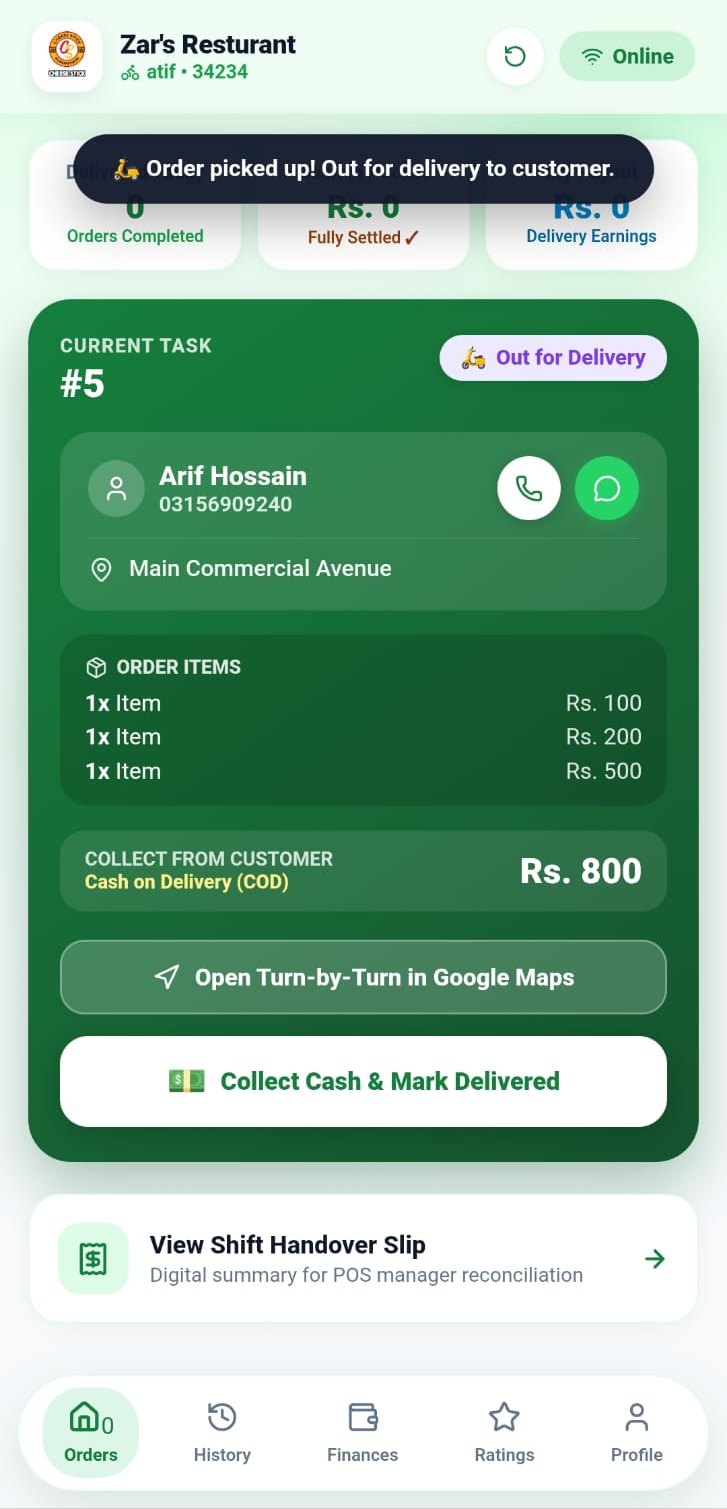 Rider App showing an order out for delivery with the customer, items and cash to collect