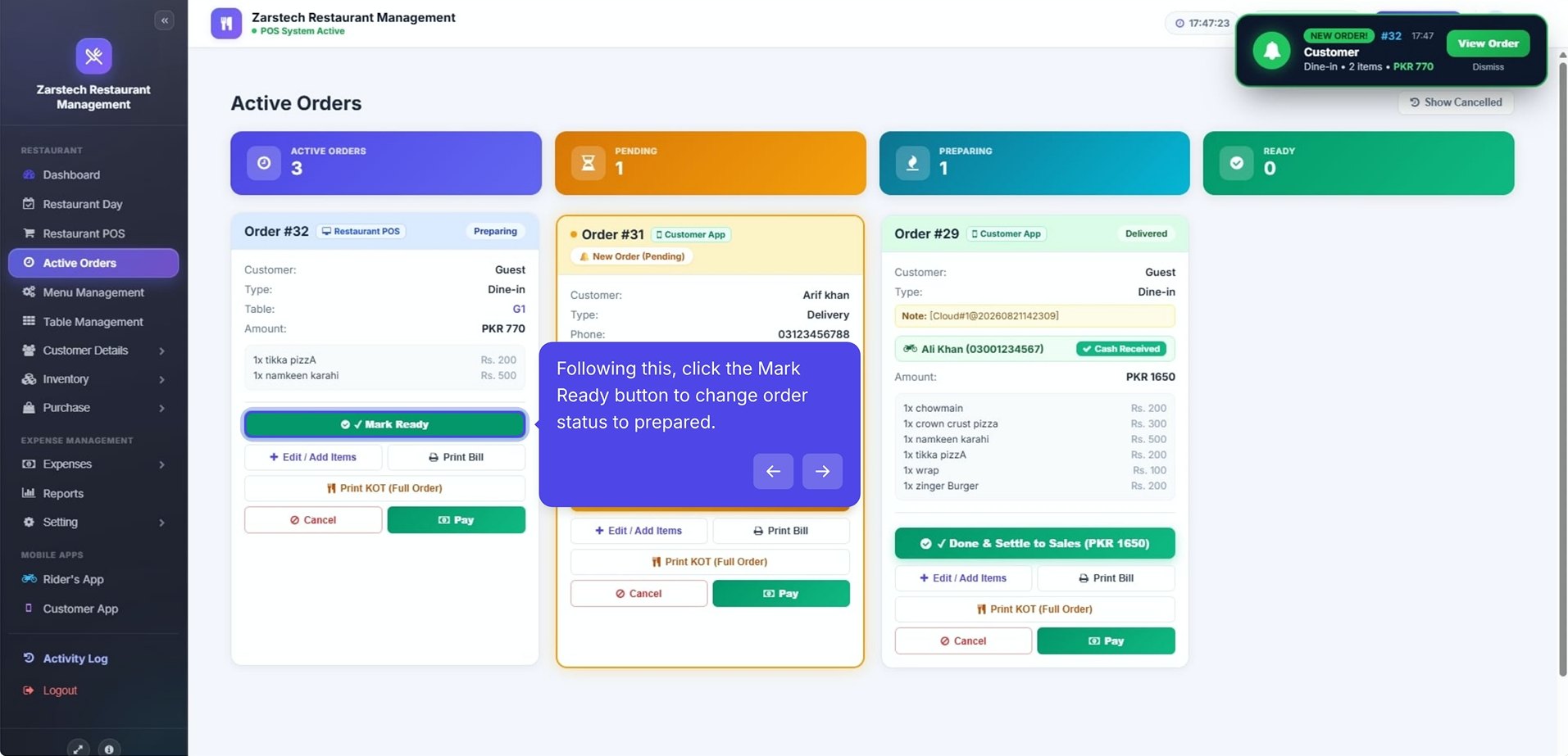 Active Orders board with pending, preparing and ready counts, order cards from the POS and Customer App, and a new-order alert